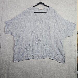 Cheyenne Linen Blue Tunic Round Neck 3D Floral Blouse Short Sleeve Size 2X